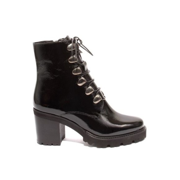 Italian Black Patent Leather Lace-Up Zip-Up Ankle Heel Boots - Picture 3 of 8